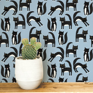 Papel Pintado Gato de Esmoquin Negro y Blanco Arte Azul