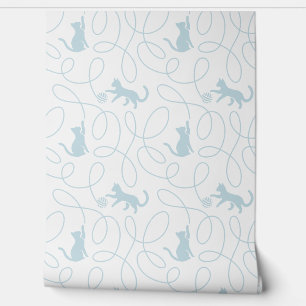 Papel Pintado Gato Juguetón y Patrón de Bola de Hilo Azul Claro