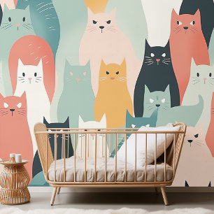 Papel Pintado Gatos Adorables Jugando Patrón De Pastel Neutral