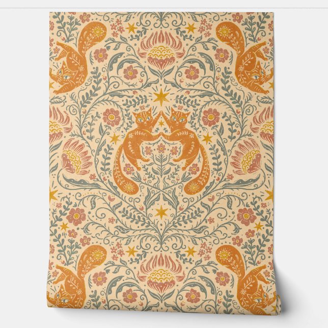 Papel Pintado Gatos bohemios refinados - Crema y Naranja (Desenrollar)
