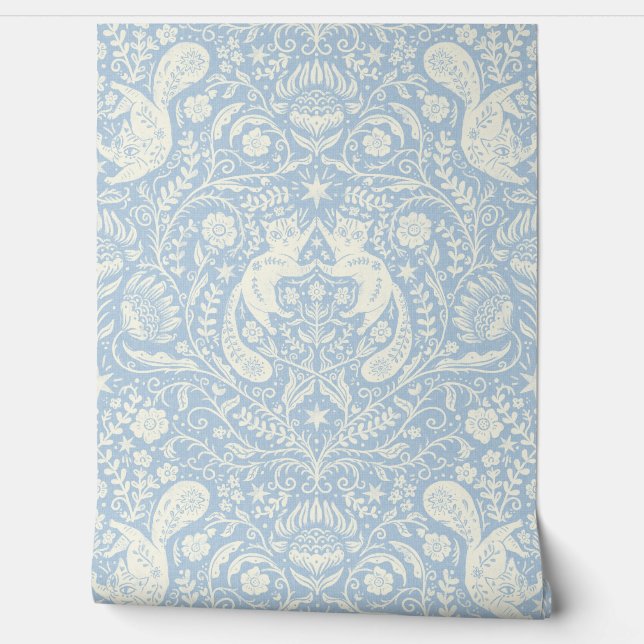 Papel Pintado Gatos bohemios refinados - Niebla azul (Desenrollar)