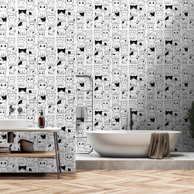 Papel Pintado Gatos Kitty Negro y Blanco (Baño)