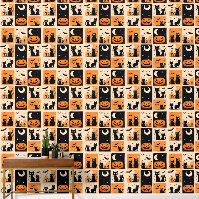 Papel Pintado Gatos negros, calabazas y murciélagos para Hallowe (Pasillo)