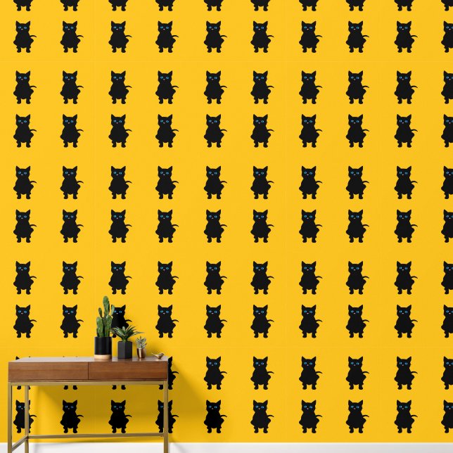 Papel Pintado gatos negros en amarillo (Pasillo)