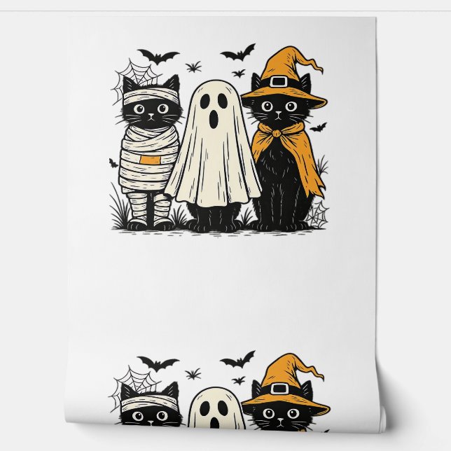 Papel Pintado Gatos negros en disfraces de Halloween - Fantasma, (Desenrollar)