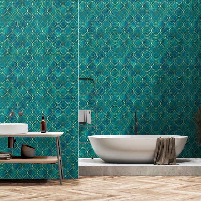 Papel Pintado Geometría Esmeralda Dorada (Baño)