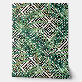 Papel Pintado Geometría tropical - hojas verdes doradas y formas