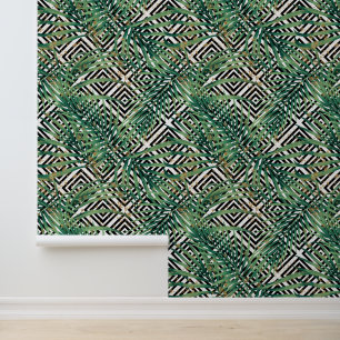 Papel Pintado Geometría tropical - hojas verdes doradas y formas
