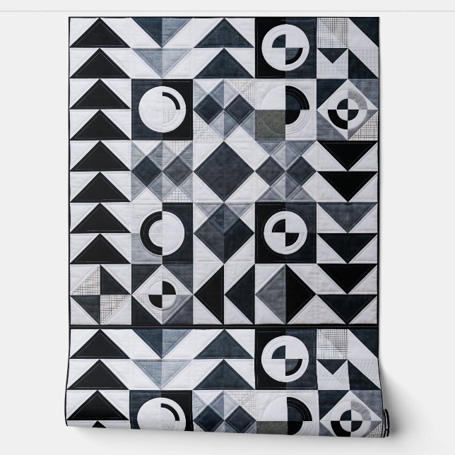 Papel Pintado Geométrico Moderno Negro Blanco Gris Texturizado (Desenrollar)
