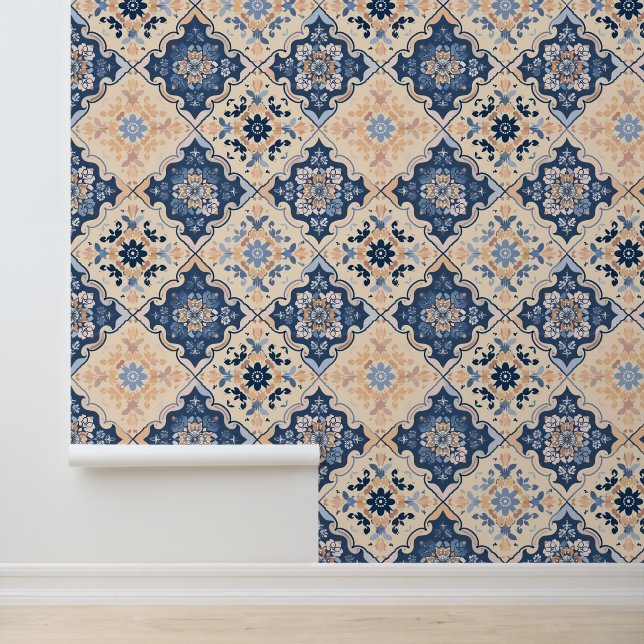 Papel Pintado Geométrico tradicional de la malla azul de mosaico (Solicitud)