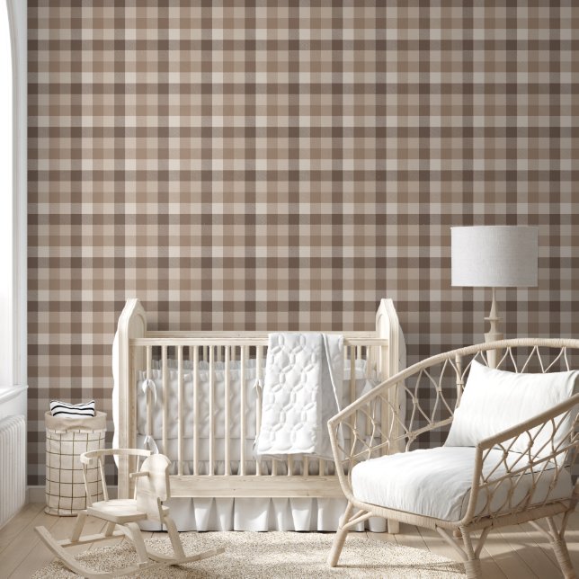 Papel Pintado Gingham a cuadros bronceado tierra neutral  (Niños)