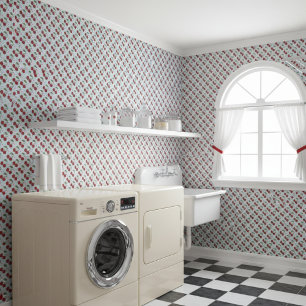 Papel Pintado Gingham Azul Rústico Y Cerezas