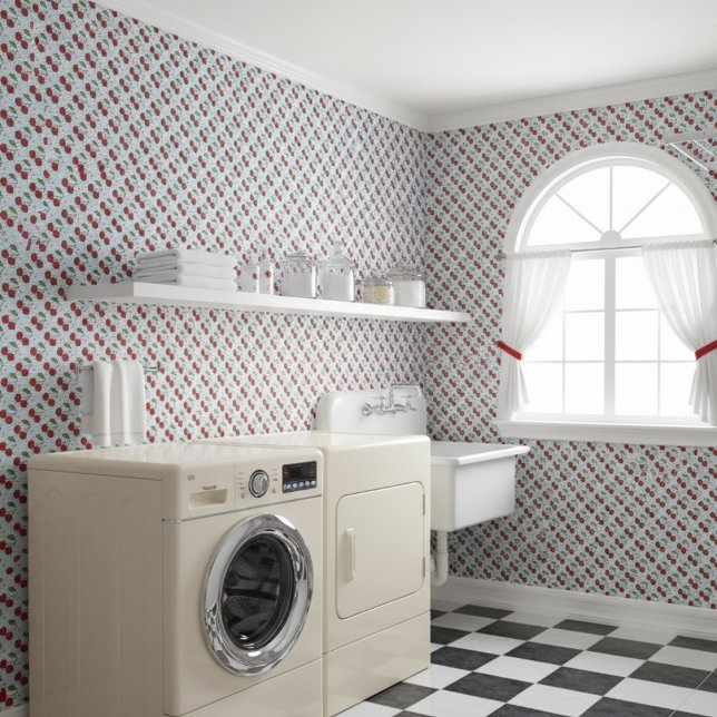 Papel Pintado Gingham Azul Rústico Y Cerezas (Subido por el creador)