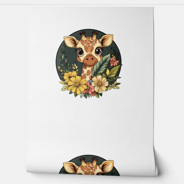 Papel Pintado Girafa Rodeada De Flores Vivas (Desenrollar)