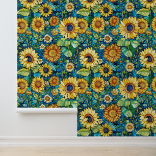 Papel Pintado girasoles amarillos, hojas verdes, vibe Klimt
