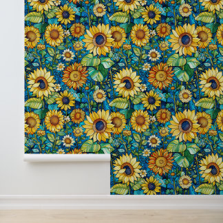 Papel Pintado girasoles amarillos, hojas verdes, vibe Klimt