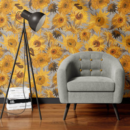 Papel Pintado Girasoles de Vincent Van Gogh Gris Amarillo