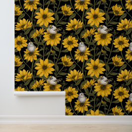 Papel Pintado girasoles silvestres y pájaros dorados/ amarillos 