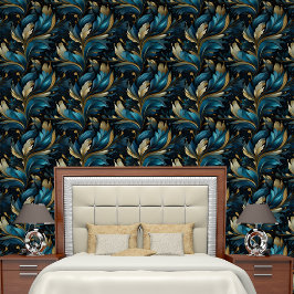 Papel Pintado Glamoroso patrón de hojas de oro azules