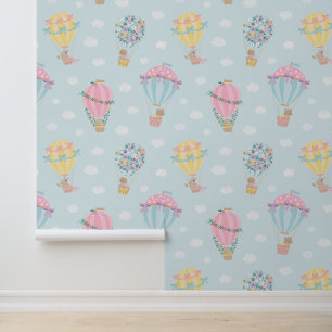 Papel Pintado Globos de aire caliente con animales, arcos y flor
