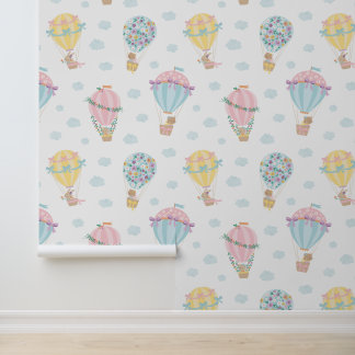 Papel Pintado Globos de aire caliente con animales, arcos y flor