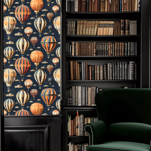 Papel Pintado Globos de aire caliente de la Academia Oscura (Dark Academia Hot Air Balloons and Clouds Wallpaper in a library.)