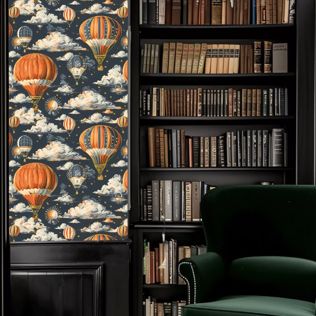 Papel Pintado Globos y nubes de aire caliente de la Academia Osc (Dark Academia Hot Air Balloons and Clouds Wallpaper in a library.)