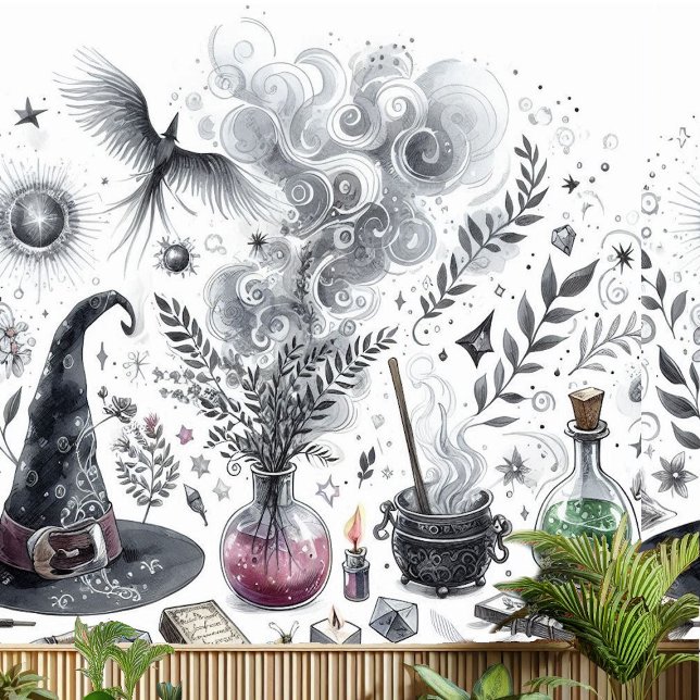 Papel Pintado Gorra de Brujas Magia Potion Brew Cauldron Herbs R (Witch Hat Magic Potion Brew Cauldron Herbs Recipe Wallpaper)