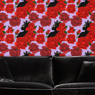Papel Pintado Gótico Gato Negro Rosas Rojas Púrpura