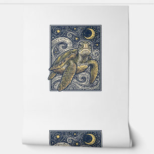 Papel Pintado Grabado Antiguo Tortuga Marina Noche Estrellada