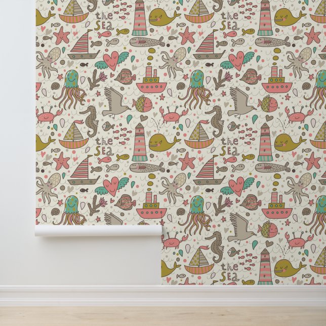 Papel Pintado Gracioso Patrón De Verano Con Buques (Solicitud)