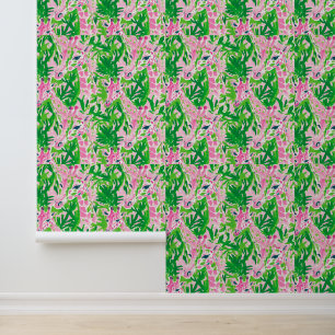 Papel Pintado Grafas premidas trópicas verdes rosadas