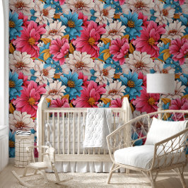 Papel Pintado Gran audaz Patrón de color rosa azul flor blanco