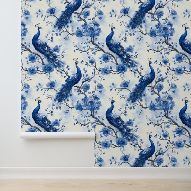 Papel Pintado Gran Azul de época Chinoiserie Peacock Boho (Solicitud)