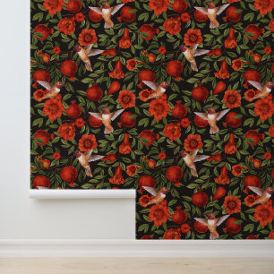 Papel Pintado Granadas y colibríes/hojas verdes en negro