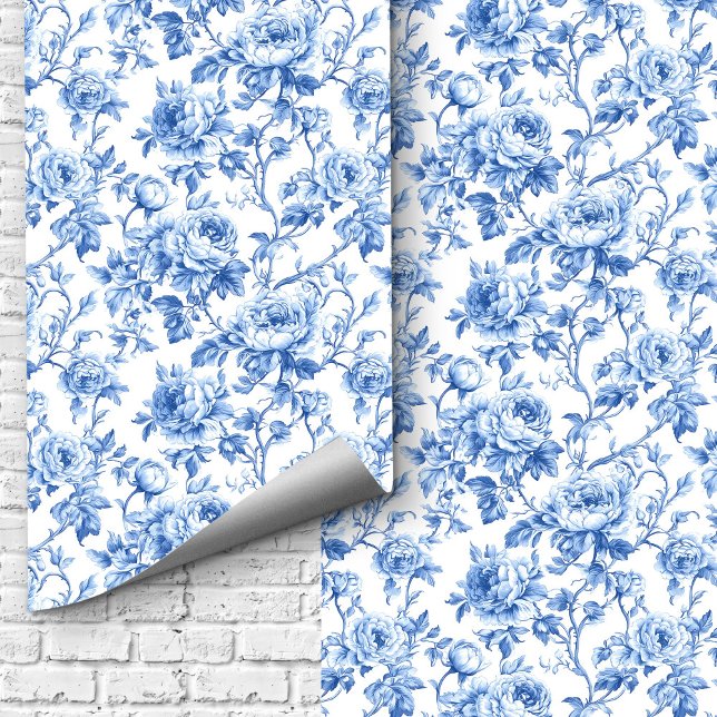 Papel Pintado Grandmillennial Blue Toile Roses Floral Wallpaper  (Grandmillennial Blue Toile Roses Floral Wallpaper Design)