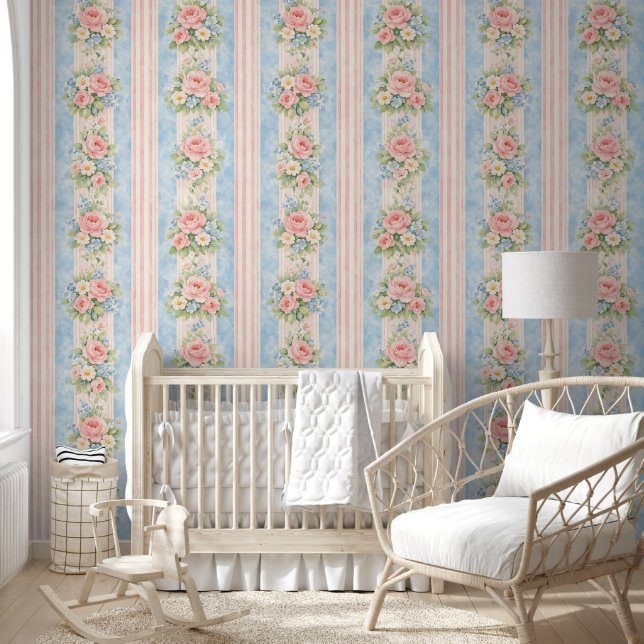 Papel Pintado Grandmillennial Stripe Floral Blue Pink Wallpaper (Niños)