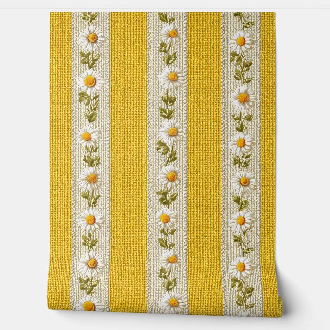 Papel Pintado Granja Amarilla Flores Blancas Rayas  (Desenrollar)