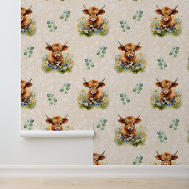 Papel Pintado Granja de animales Highland Cow Floral Greeneratio (Solicitud)