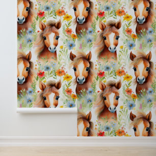 Papel Pintado Granjas Animales Caballos Flores Salvajes