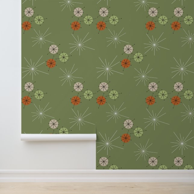 Papel Pintado Green BG Mid Century Círculo moderno y estrellas (Solicitud)