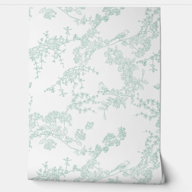 Papel Pintado Green Chinoiserie Toile Jouy Birds Floral Garden (Desenrollar)