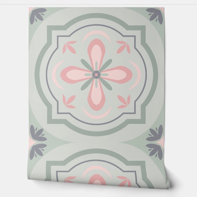 Papel Pintado Green Pastel Floral Tiles (Desenrollar)