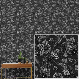 Papel Pintado Gris blanco sobre paisley floral negra elegante