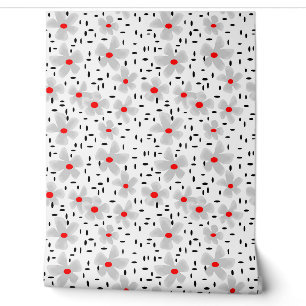 Papel Pintado gris con flores rojas sobre fondo blanco retro