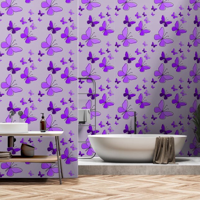 Papel Pintado Gris de lavanda de mariposa morada mágica (Baño)
