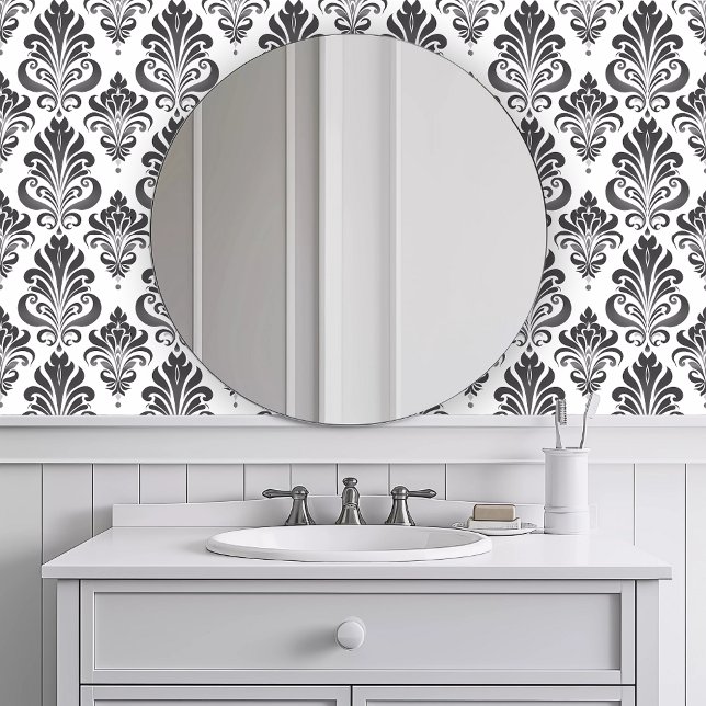 Papel Pintado Gris monocromático elegante (Monochromatic Elegant Gray Wallpaper in a white bathroom.)