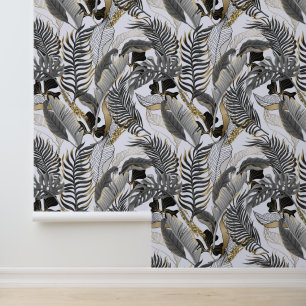 Papel Pintado Gris Pastel Oro Hojas de Palma Tropicales Titan Bl