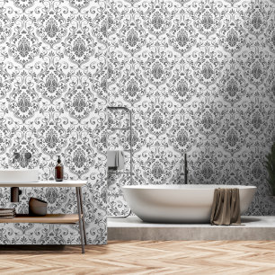 Papel Pintado Gris y blanco Damasco Coma y palo floral