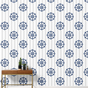 Papel Pintado Grises Stripes Nautical Coastal Navy Wheel Helm